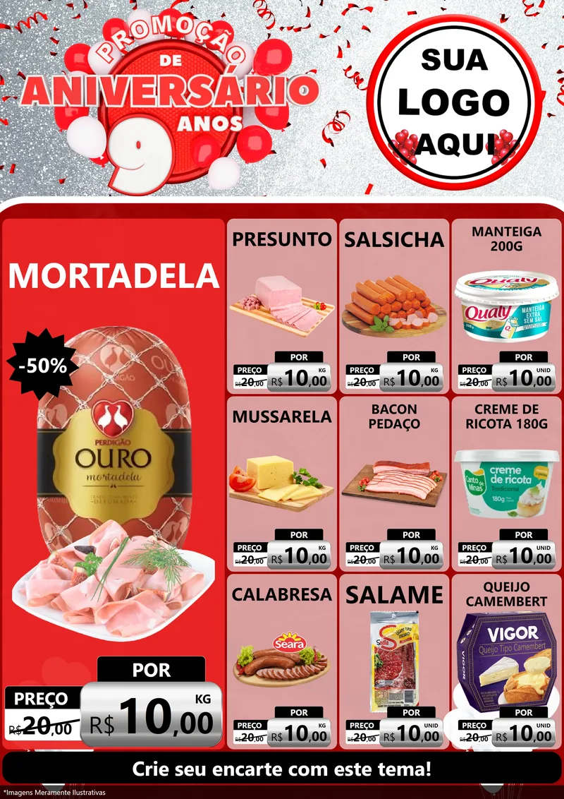 Modelo de Encarte para Encarte A4 Vertical com o tema Promoção de Aniversário - 9 Anos para Frios e Laticínios