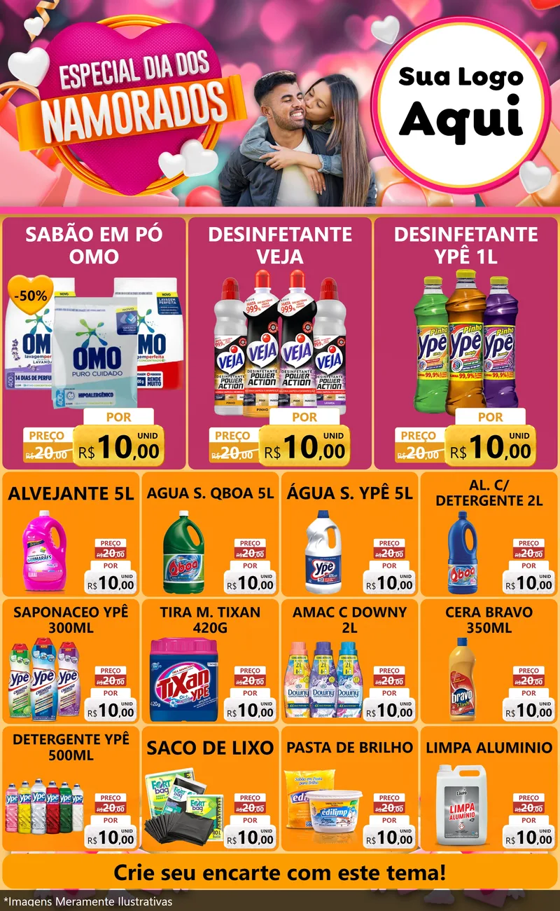 Modelo de Encarte para Encarte Grande com o tema Especial Dia dos Namorados para Produtos de Limpeza