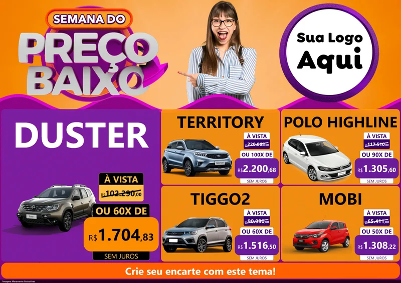 Modelo de Encarte para Encarte A4 Horizontal com o tema Semana do Preço Baixo para Concessionaria de Carros