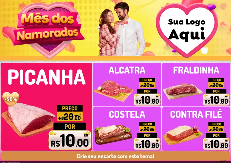 Modelo de Encarte para Encarte A4 Horizontal com o tema Mês dos Namorados para Açougue