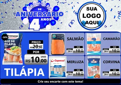 Modelo de Encarte para Encarte A4 Horizontal com o tema Promoção de Aniversário - 4 Anos para Peixaria