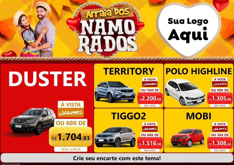 Modelo de Encarte para Encarte A4 Horizontal com o tema Arraiá dos Namorados para Concessionaria de Carros