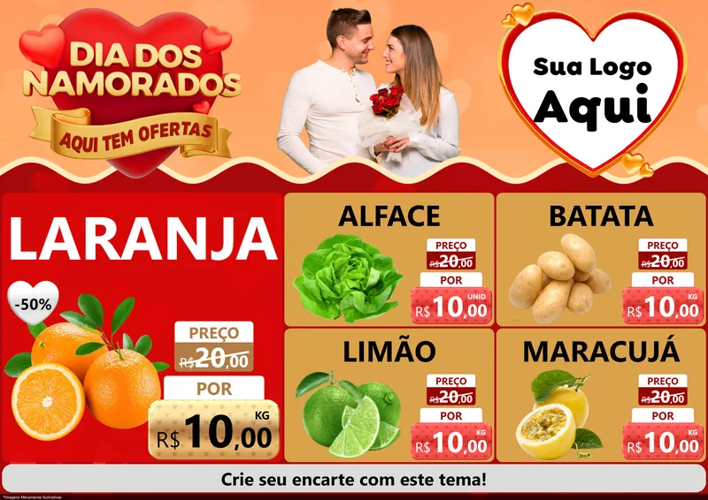 Modelo de Encarte para Encarte A4 Horizontal com o tema Dia dos Namorados - Aqui Tem Ofertas para Hortifrúti
