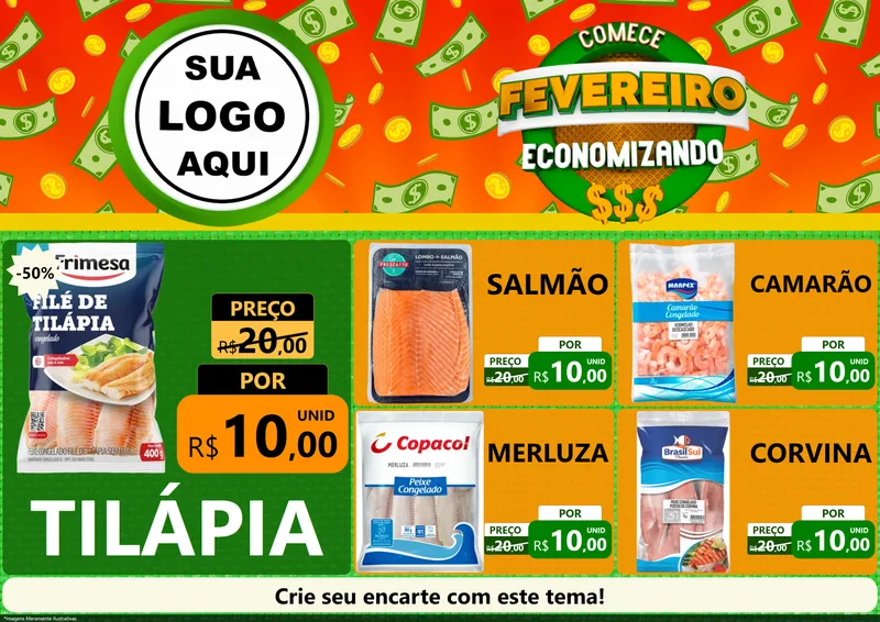 Modelo de Encarte para Encarte A4 Horizontal com o tema Comece Fevereiro Economizando para Peixaria