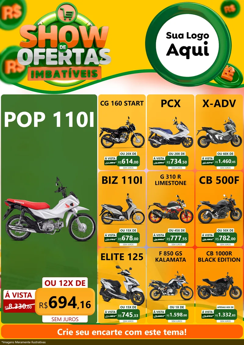 Modelo de Encarte para Encarte A4 Vertical com o tema Show de Ofertas Imbatíveis para Concessionaria de Motos