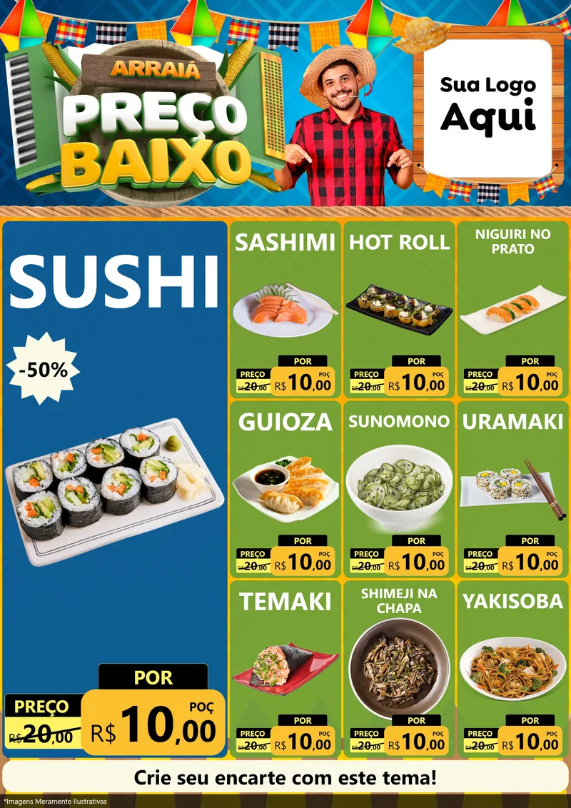 Modelo de Encarte para Encarte A4 Vertical com o tema Arraiá de Preço Baixo - Junina para Comida japonesa