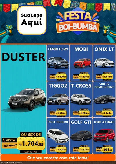 Modelo de Encarte para Encarte A4 Vertical com o tema Festa Boi Bumbá para Concessionaria de Carros