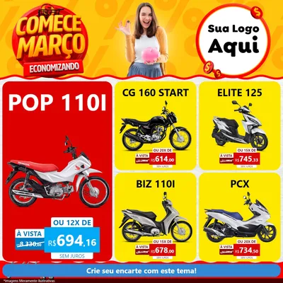 Modelo de Rede Social para Feed Facebook com o tema Comece Março Economizando para Concessionaria de Motos