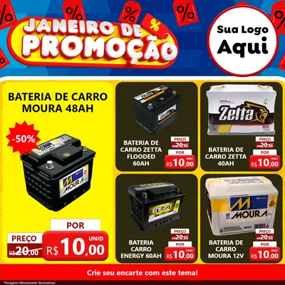 Modelo de Rede Social para Feed Facebook com o tema Janeiro de Promoção para Baterias Elétricas