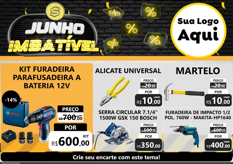 Modelo de Encarte para Encarte A4 Horizontal com o tema Junho Imbatível para Maquinas e Ferramentas