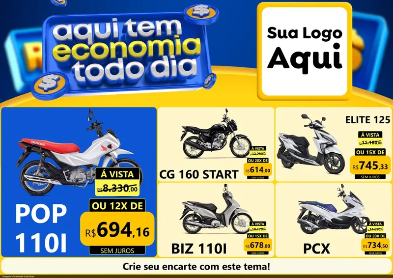 Modelo de Encarte para Encarte A4 Horizontal com o tema Aqui Tem Economia Todo Dia para Concessionaria de Motos
