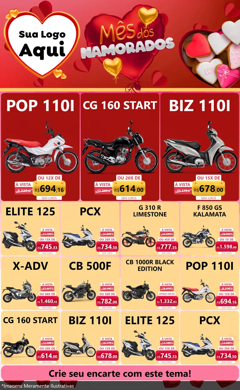 Modelo de Encarte para Encarte Grande com o tema Mês dos Namorados para Concessionaria de Motos