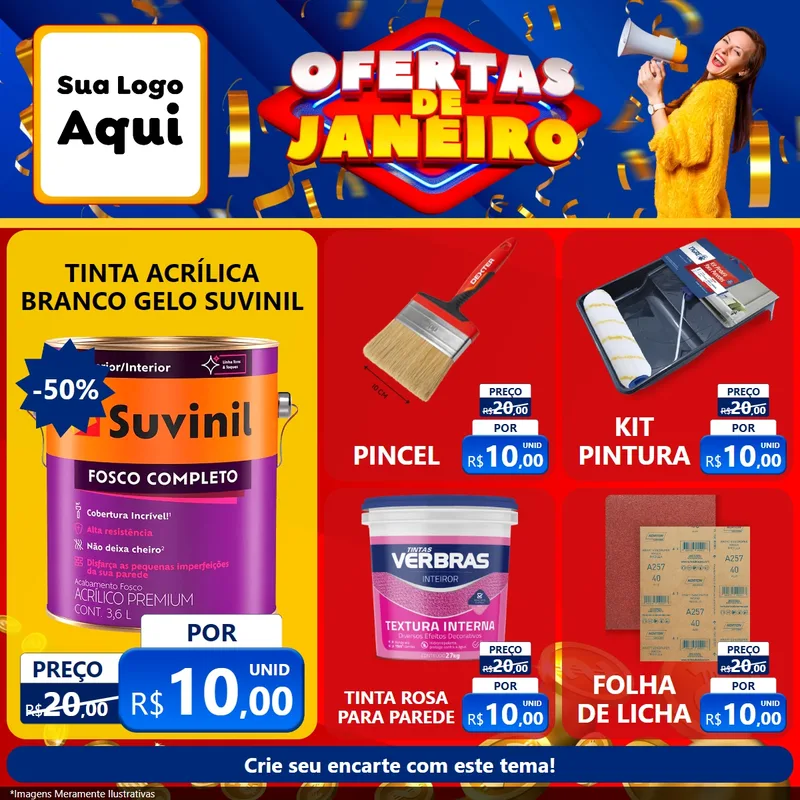 Modelo de Rede Social para Feed Facebook com o tema Ofertas de Janeiro para Tintas e Ferramentas