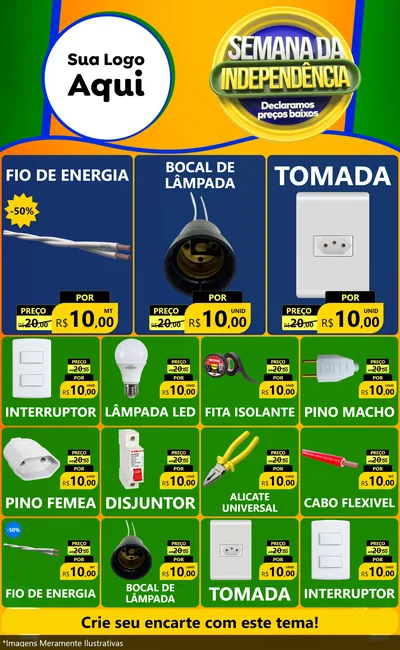 Modelo de Encarte para Encarte Grande com o tema Semana da Independência Declaramos Preços Baixos para Materiais Elétricos