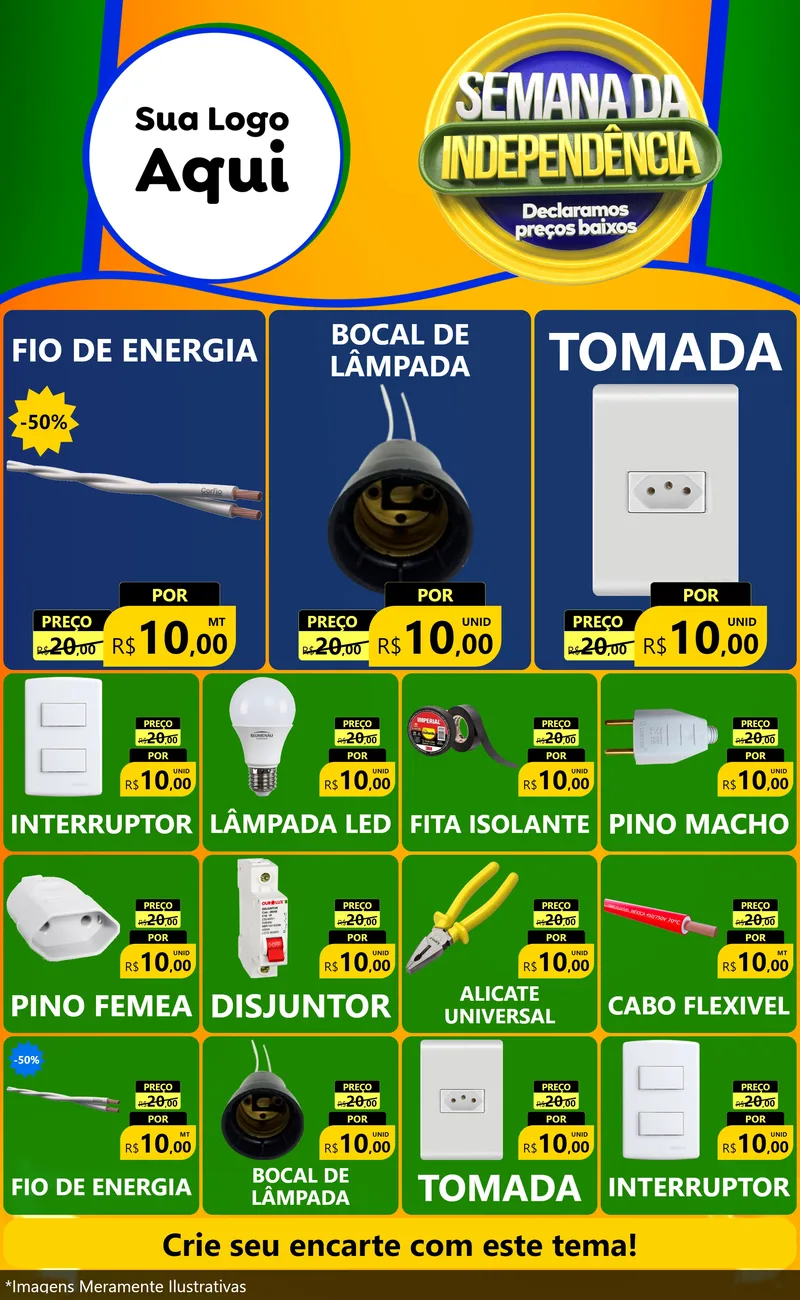 Modelo de Encarte para Encarte Grande com o tema Semana da Independência Declaramos Preços Baixos para Materiais Elétricos