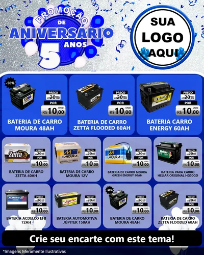 Modelo de Rede Social para Feed Instagram com o tema Promoção de Aniversário - 5 Anos para Baterias Elétricas