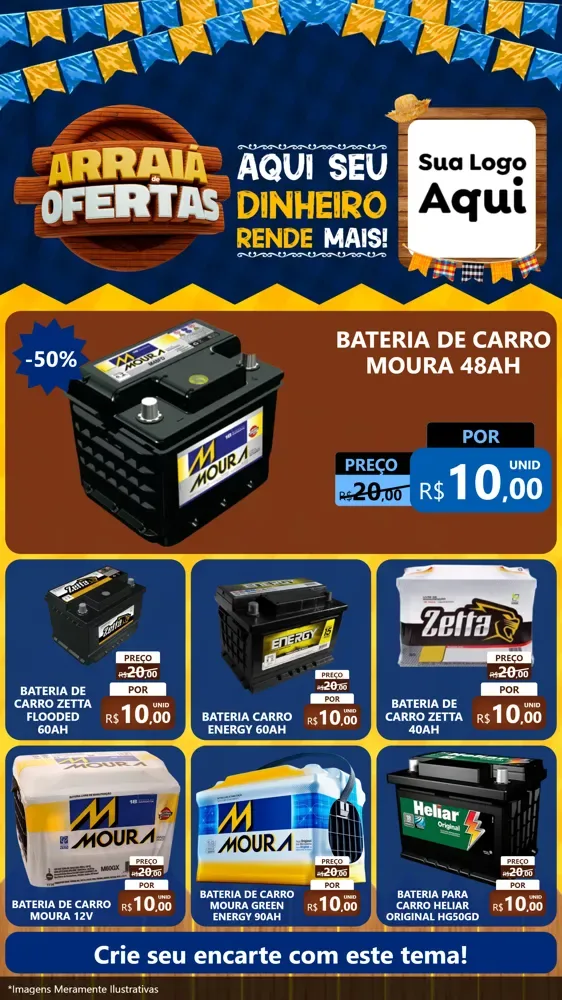 Modelo de Rede Social para Stories com o tema Arraiá de Ofertas - Junina para Baterias Elétricas
