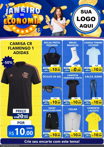 Modelo de Encarte para Encarte A4 Vertical com o tema Janeiro da Economia para Roupas e acessórios