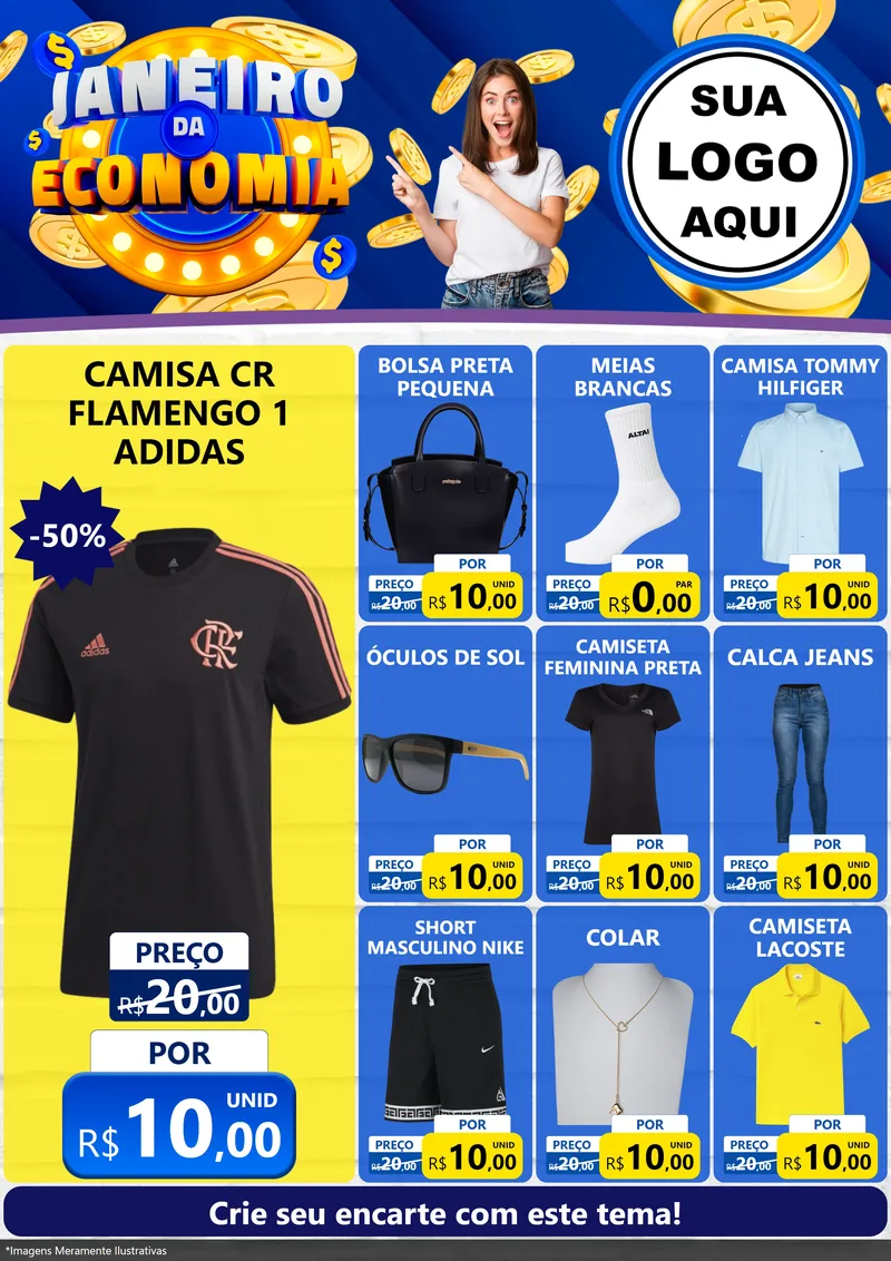 Modelo de Encarte para Encarte A4 Vertical com o tema Janeiro da Economia para Roupas e acessórios