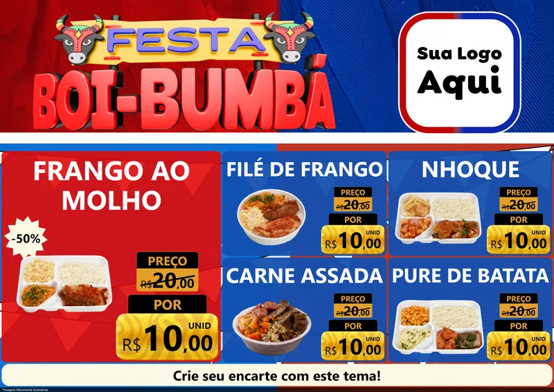 Modelo de Encarte para Encarte A4 Horizontal com o tema Festa Boi Bumbá para Restaurante