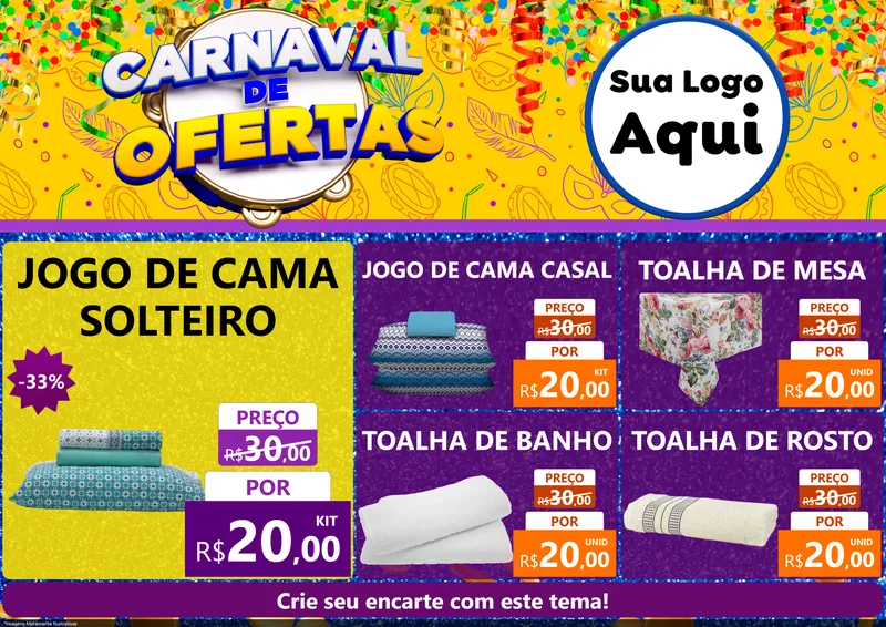 Modelo de Encarte para Encarte A4 Horizontal com o tema Carnaval de Ofertas para Cama, Mesa e Banho