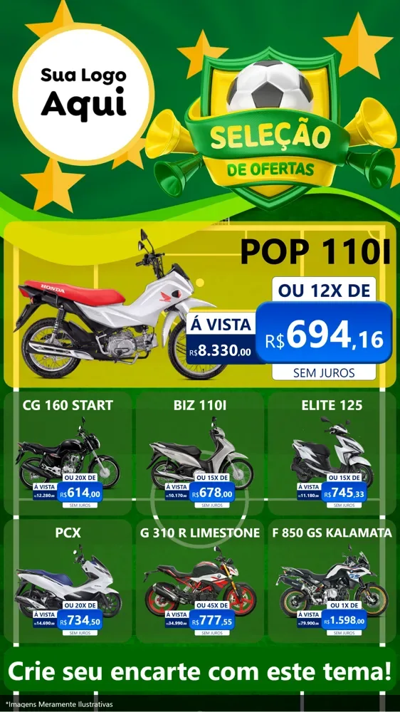 Modelo de Rede Social para Stories com o tema Seleção de Ofertas - Copa para Concessionaria de Motos