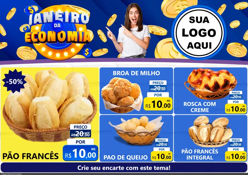 Modelo de Encarte para Encarte A4 Horizontal com o tema Janeiro da Economia para Padaria