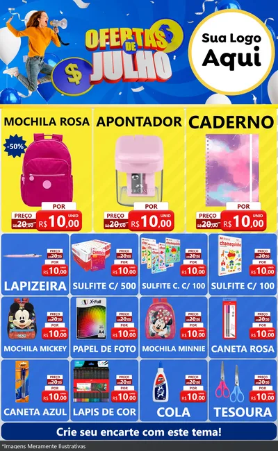 Modelo de Encarte para Encarte Grande com o tema Ofertas de Julho para Papelaria