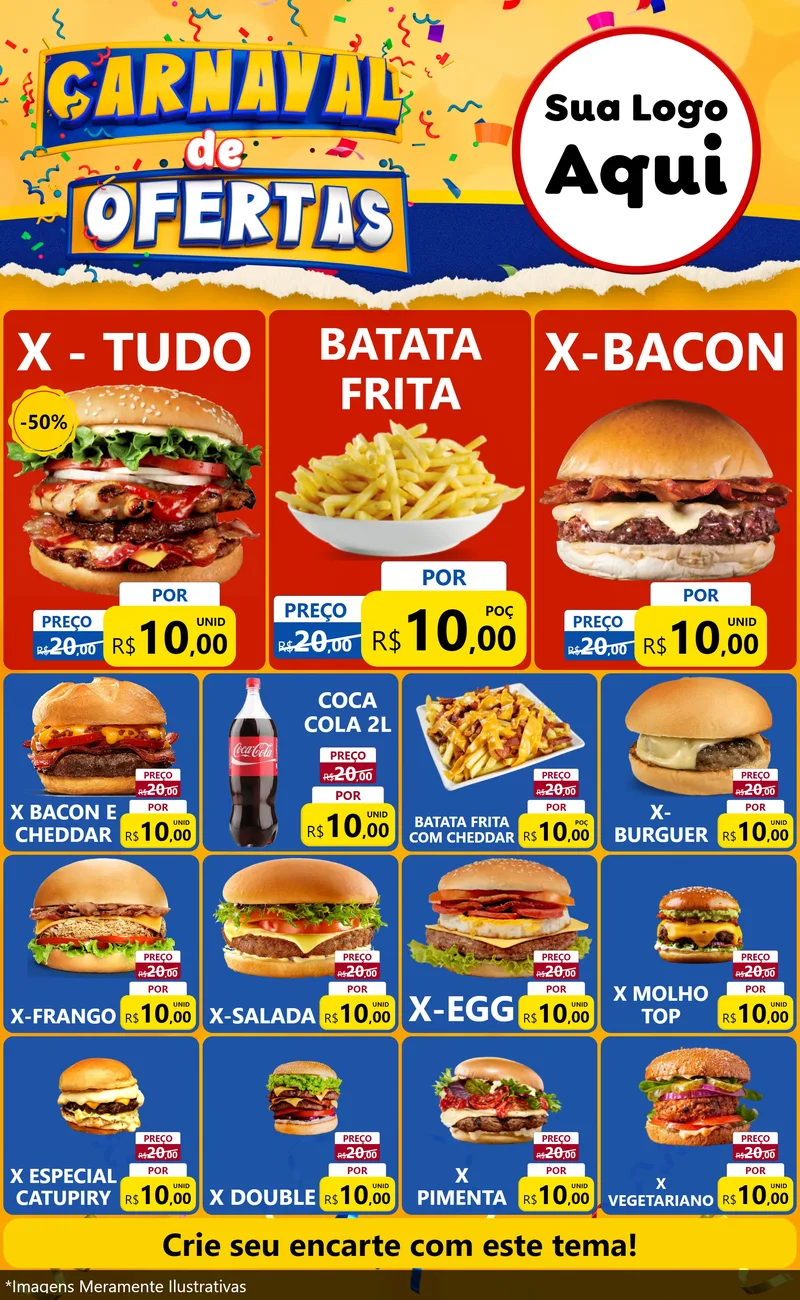 Modelo de Encarte para Encarte Grande com o tema Carnaval de Ofertas para Hamburgueria