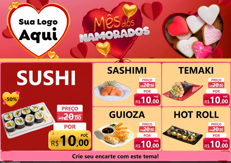 Modelo de Encarte para Encarte A4 Horizontal com o tema Mês dos Namorados para Comida japonesa