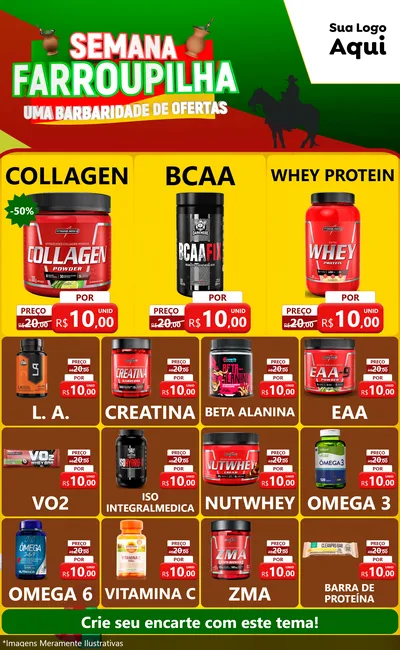 Modelo de Encarte para Encarte Grande com o tema Semana Farroupilha - Uma Barbaridade de Ofertas para Suplementos alimentares
