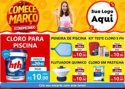 Modelo de Encarte para Encarte A4 Horizontal com o tema Comece Março Economizando para Produtos para Piscina
