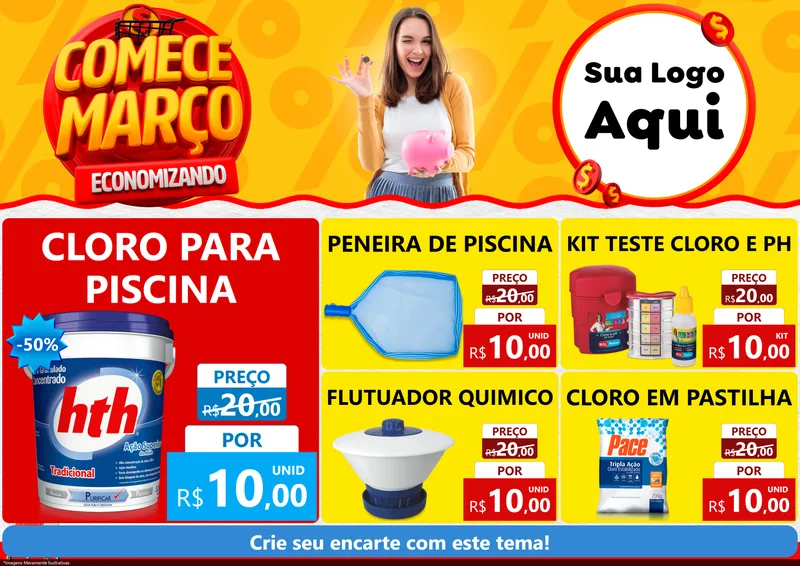 Modelo de Encarte para Encarte A4 Horizontal com o tema Comece Março Economizando para Produtos para Piscina