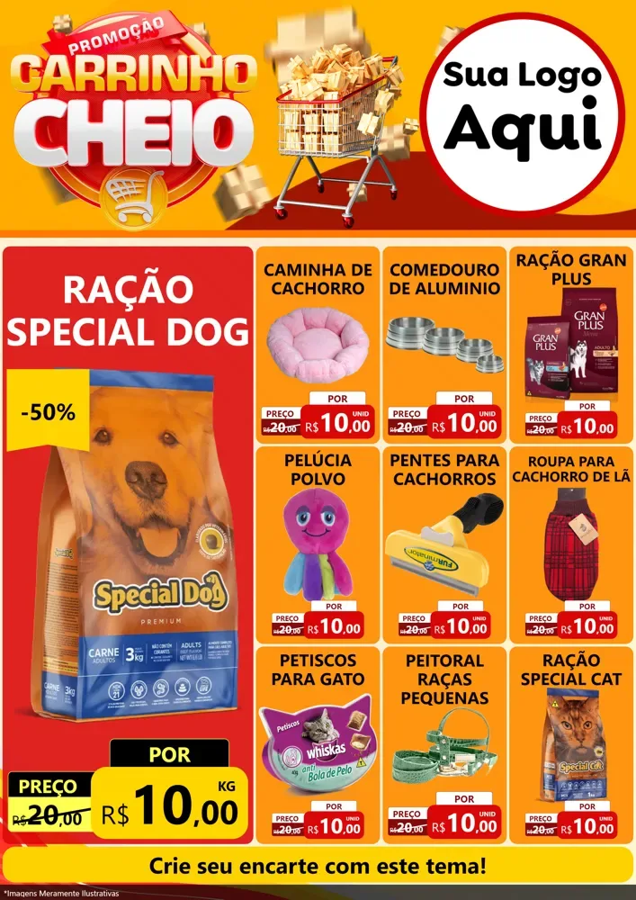Modelo de Encarte para Encarte A4 Vertical com o tema Promoção carrinho cheio para Pet Shop