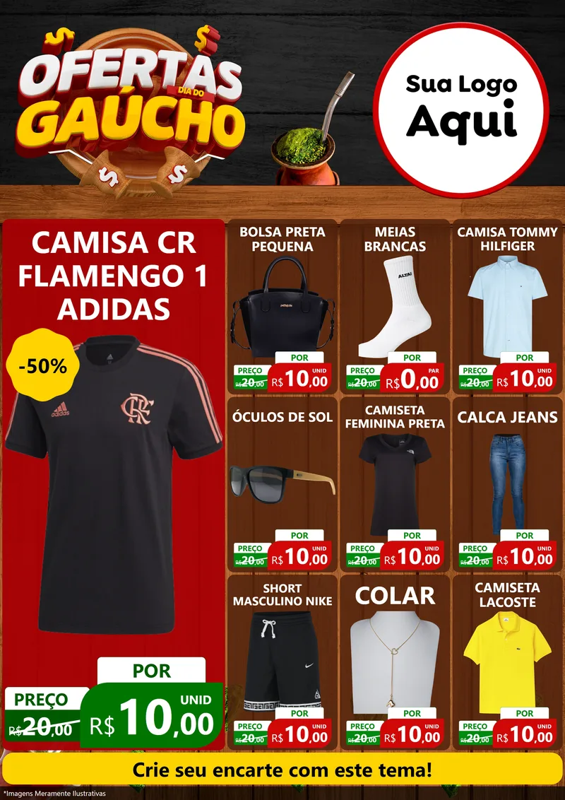 Modelo de Encarte para Encarte A4 Vertical com o tema Ofertas Dia do Gaúcho para Roupas e acessórios