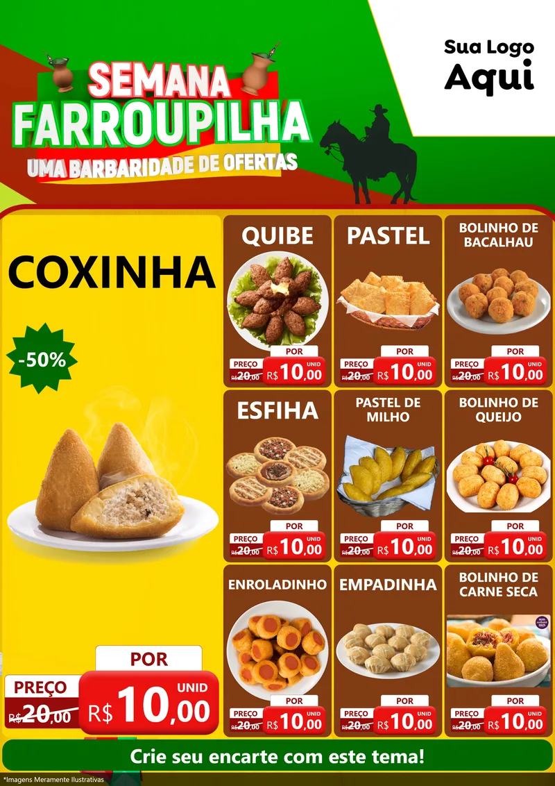 Modelo de Encarte para Encarte A4 Vertical com o tema Semana Farroupilha - Uma Barbaridade de Ofertas para Salgadaria