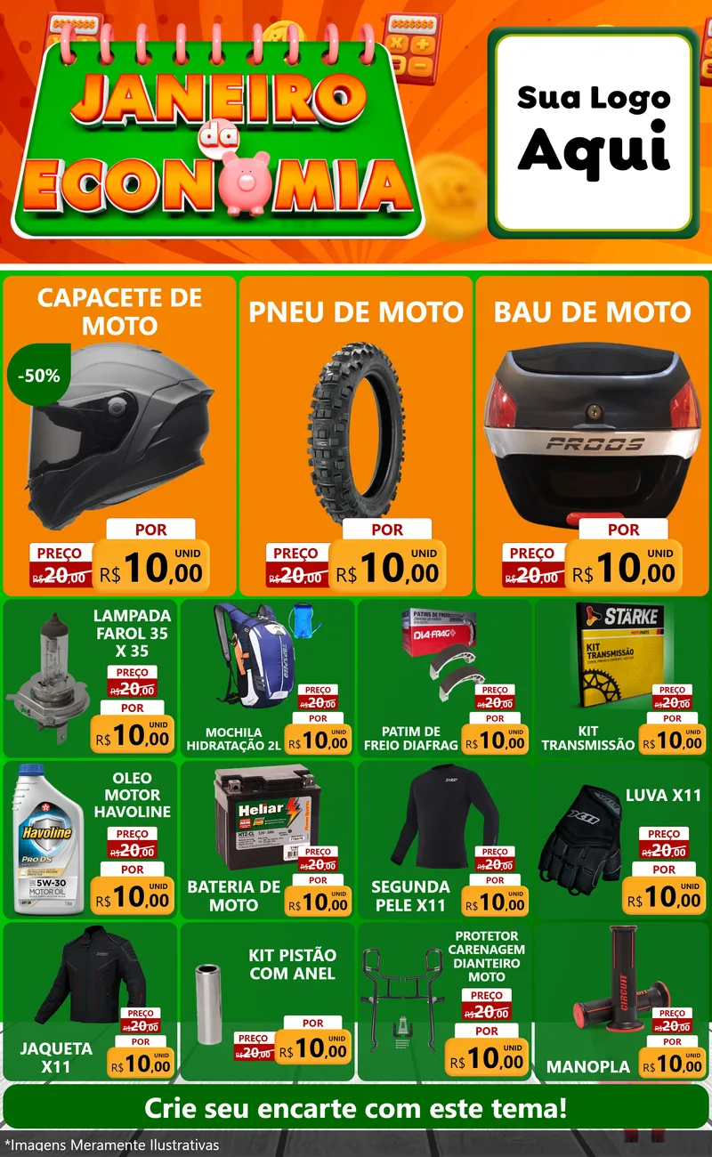 Modelo de Encarte para Encarte Grande com o tema Janeiro da Economia para Moto peças