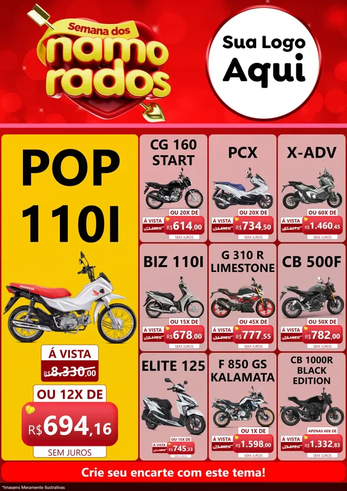 Modelo de Encarte para Encarte A4 Vertical com o tema Semana dos namorados para Concessionaria de Motos