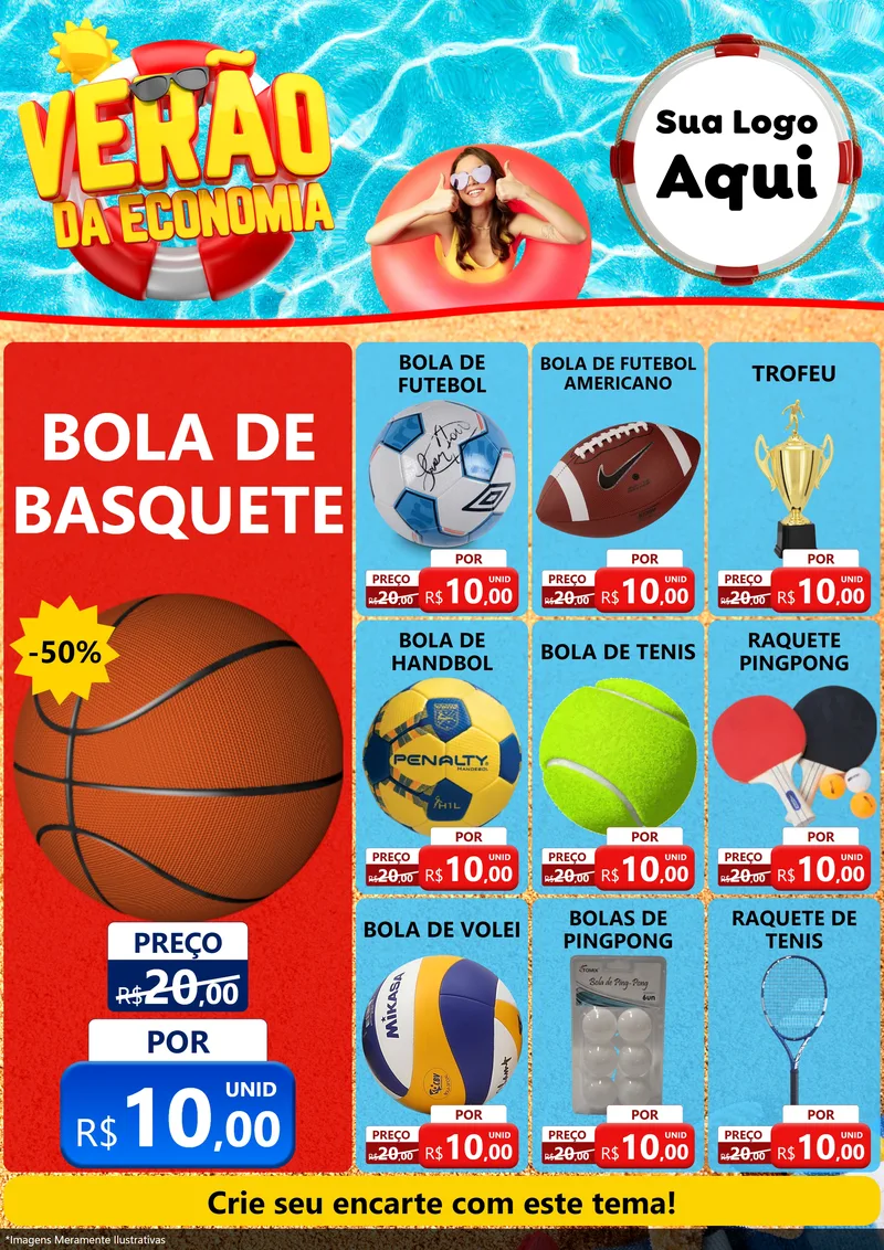 Modelo de Encarte para Encarte A4 Vertical com o tema Verão da Economia para Artigos Esportivos