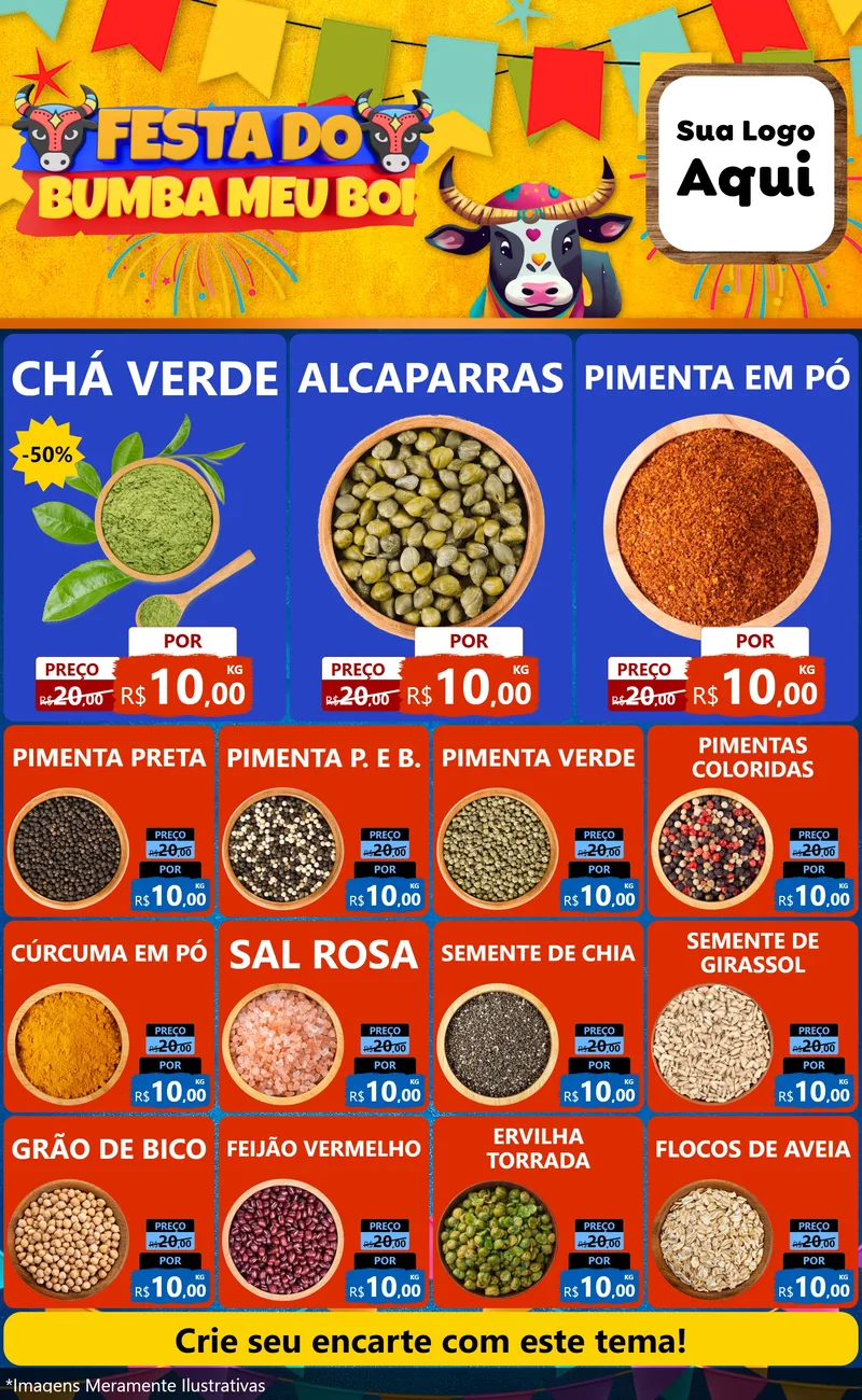 Modelo de Encarte para Encarte Grande com o tema Festa do Bumba Meu Boi para Produtos Naturais
