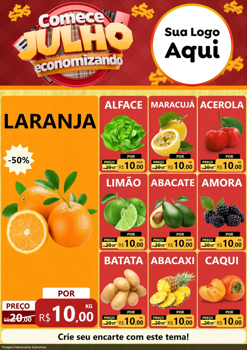 Modelo de Encarte para Encarte A4 Vertical com o tema Comece Julho Economizando para Hortifrúti