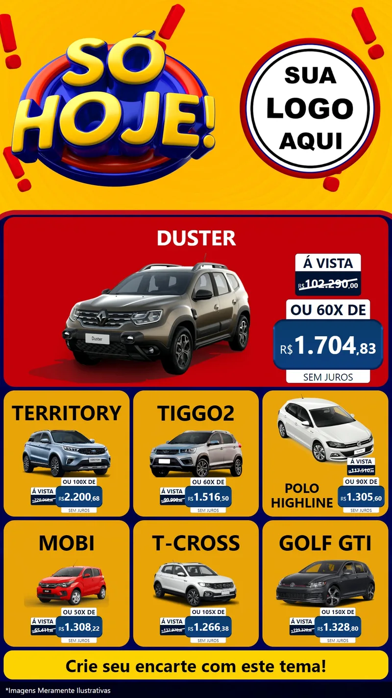 Modelo de Rede Social para Stories com o tema Só Hoje! para Concessionaria de Carros