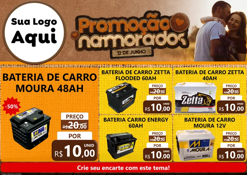 Modelo de Encarte para Encarte A4 Horizontal com o tema Promoção Namorados para Baterias Elétricas