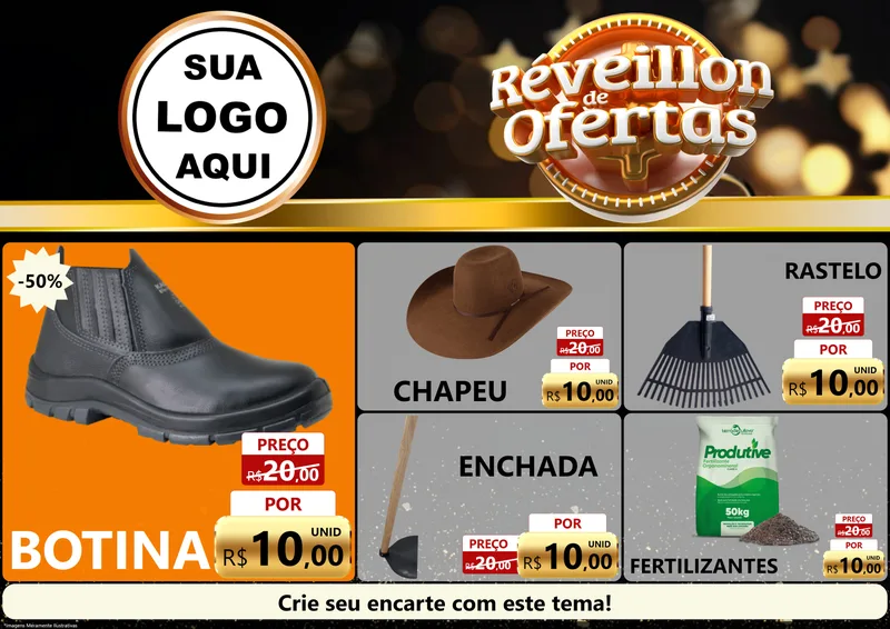 Modelo de Encarte para Encarte A4 Horizontal com o tema Réveillon de Ofertas para Agropecuária