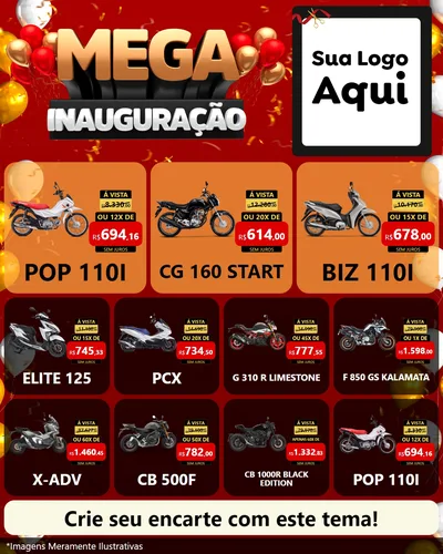 Modelo de Rede Social para Feed Instagram com o tema Mega Inauguração para Concessionaria de Motos