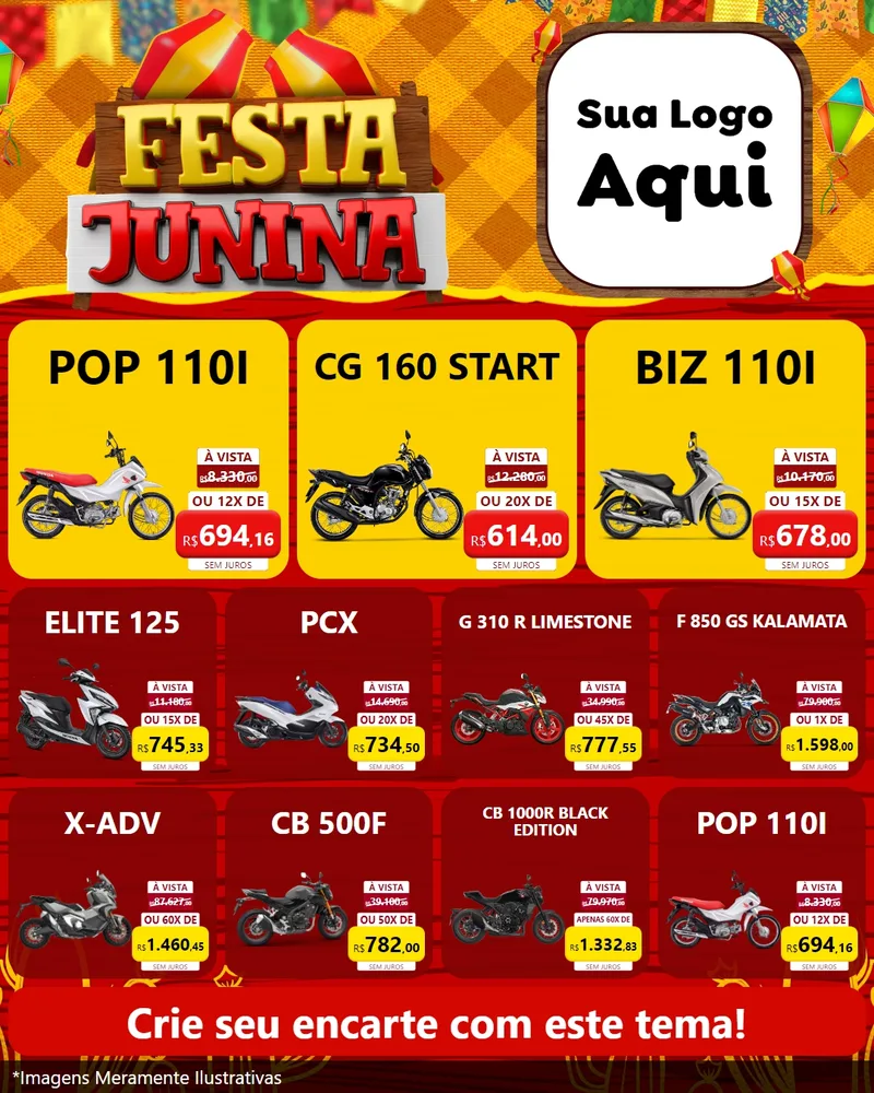 Modelo de Rede Social para Feed Instagram com o tema Festa Junina para Concessionaria de Motos