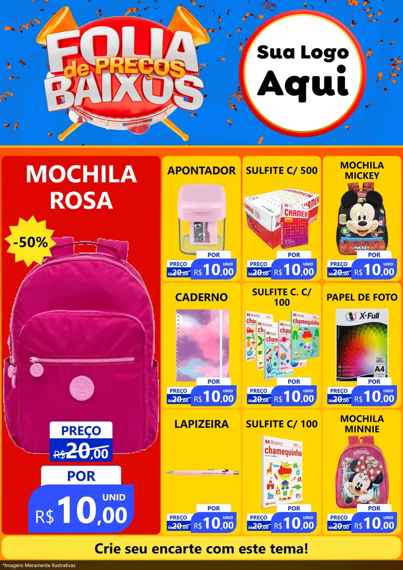 Modelo de Encarte para Encarte A4 Vertical com o tema Folia de Preços Baixos para Papelaria