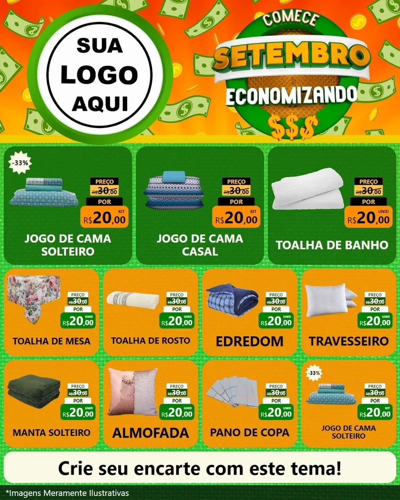 Modelo de Rede Social para Feed Instagram com o tema Comece Setembro Economizando para Cama, Mesa e Banho