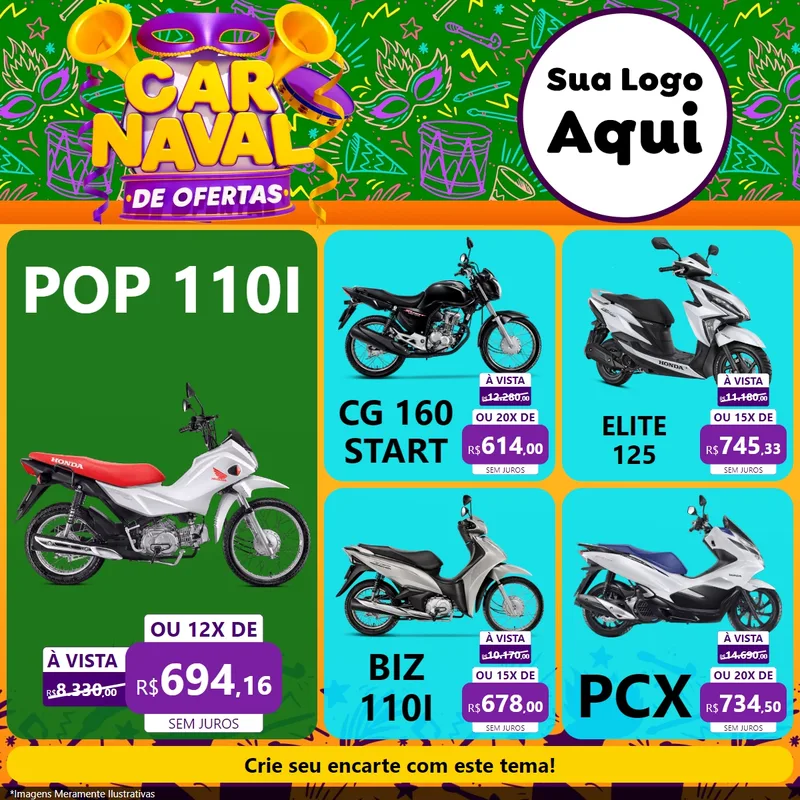 Modelo de Rede Social para Feed Facebook com o tema Carnaval de Ofertas para Concessionaria de Motos