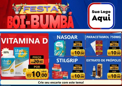 Modelo de Encarte para Encarte A4 Horizontal com o tema Festa Boi Bumbá para Farmácia